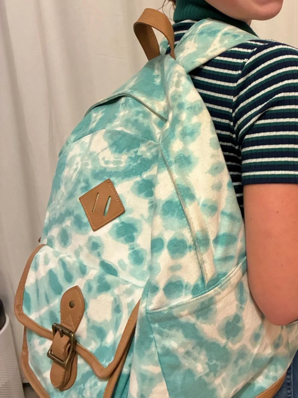 Pottery Barn Turquoise Tie-Dye Canvas Backpack with Tan Leather Trim